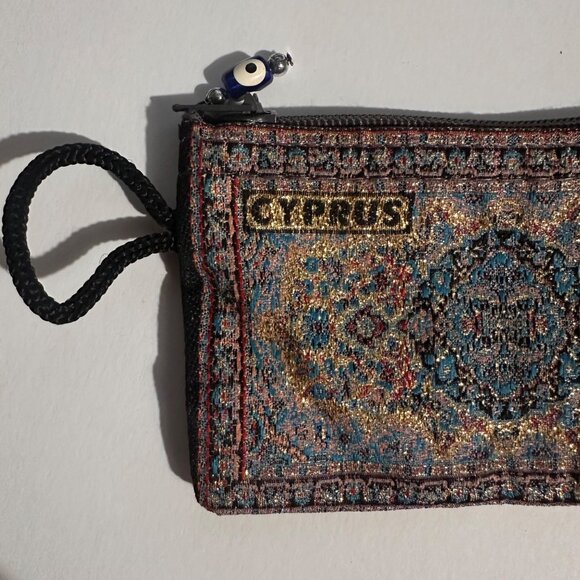 Cyprus Tapestry-Inspired Coin Purse With Evil Eye Zipper Pull & Wrist Strap - Picture 6 of 9